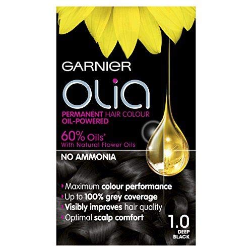 Set 3 Garnier Olia Permanente Haarfarbe ohne Ammoniak für einen angenehmen Duft, bis zu 100% Grauhaarabdeckung, maximale Farbleistung, 60% Öle - 1,0 Tiefschwarz