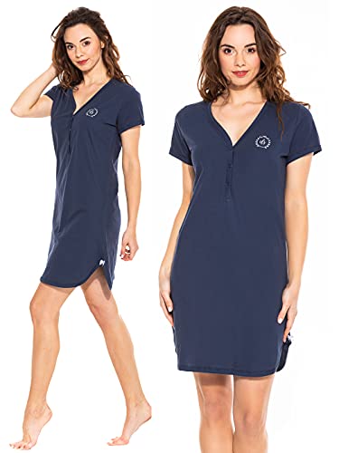 Sibinulo Damen Nachthemd V Ausschnitt Nachtwäsche Kurzarm Nachtgewand 100% Baumwolle Pyjama Sleepshirt Sexy Schlafshirt Schlafanzug EU Marineblau XL