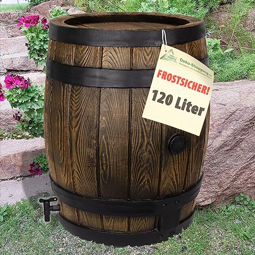 REGENTONNE EICHENFASS 120 Liter REGENFASS Wasserfass REGENWASSERTONNE Wassertonne - FROSTSICHERES Gartenfass für Regenwasser u.v.m. in Holz-Optik aus robustem PE-Kunststoff