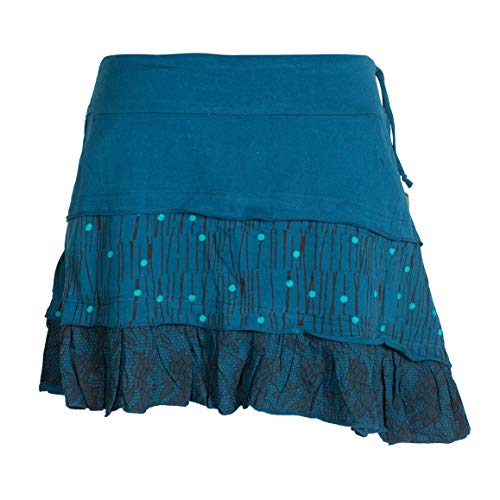Vishes - Alternative Bekleidung - Asymmetrischer Damen Baumwollrock mit Rüschen Taschen und Blümchen türkis 48