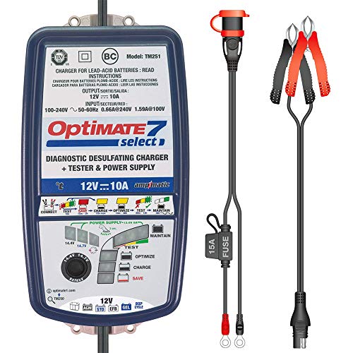 TecMate OptiMate 7 Select TM250, 12V 10A 9-stufiges Batterieladegerät für Spiralzelle und gekapselten Starter - oder Tiefzyklus-Hochleistungs Batterien