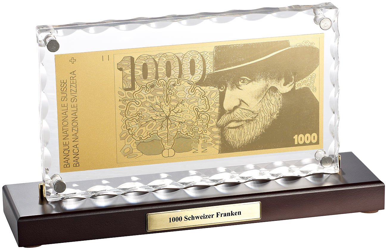St. Leonhard Geld-Schein Gold: Vergoldete Banknoten-Replik 1000 Schweizer Franken (Geldschein Golddesign, Vergoldete Deko Banknote, Geburtstag)