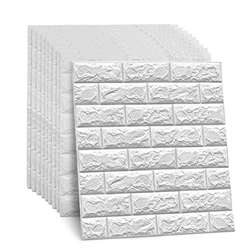 DHOUTDOORS 10 Tlg Tapete Selbstklebend Wandpaneele Weiß Steinoptik Ziegelstein Brick Muster 3D PE-Schaum Wasserdicht 60x60cm Schnelle Leichte Montage Kinderzimmer Schlafzimmer Wohnzimmer Schlafzimmer