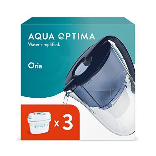 Aqua Optima Oria Wasserfilterkanne & 3 x 30 Tage Evolve+ Wasserfilterkartusche, 2,8 Liter Fassungsvermögen, zur Reduzierung von Mikroplastik, Chlor, Kalk und Verunreinigungen, Blau