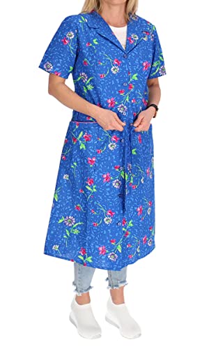 Knopfkittel Baumwolle mit Arm bunt Kochschürze Hauskleid Kittel Schürze Gürtel, Farbe:blau, Größe:60