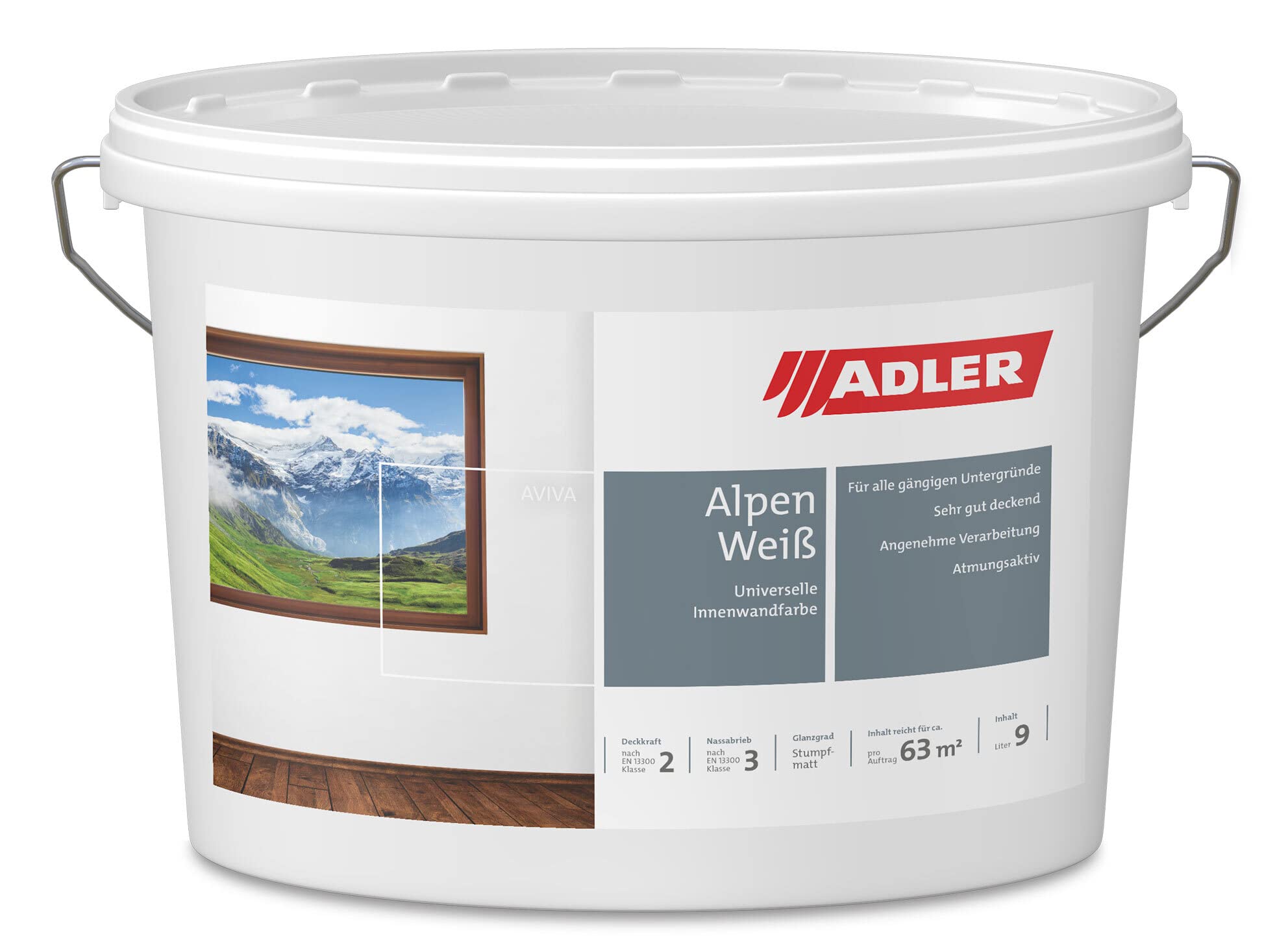 Aviva Alpen-Weiß, wasserbasierte universelle Dispersionsfarbe für Wand & Deckenanstriche, sehr gute Deckkraft, leicht zu streichen, 9l