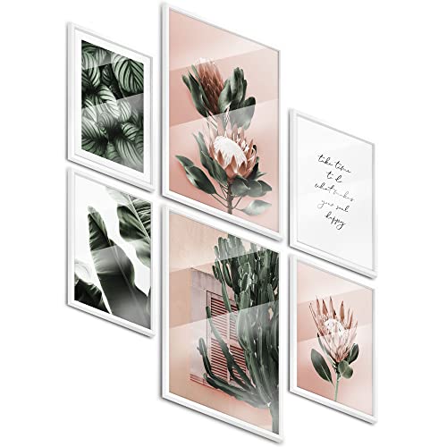 BLCKART Botanic Rose and Green Poster Set Deko Grün Rosa (L | 2x A3 | 4x A4 | Holzrahmen weiß)