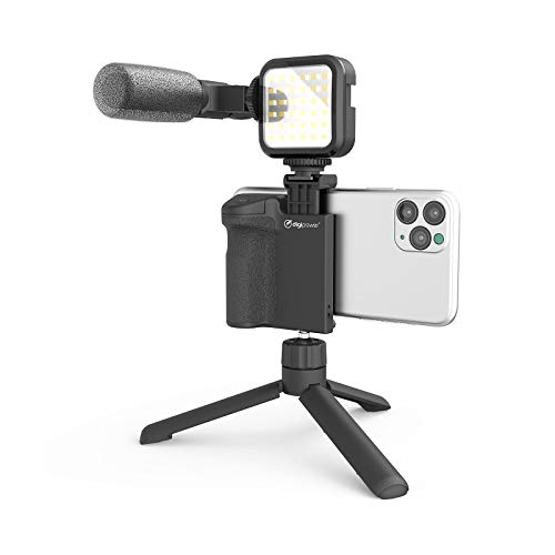 DIGIPOWER 4-teiliges Vlogging Set mit Kameragriff, LED-Videolicht, universellem Mikrofon und Mini-Stativ, kompatibel mit Smartphones