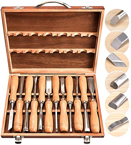 Ein 12-teiliges Set von Holzkarizing-Hand-Meißel-Werkzeugen, Holzbearbeitungsmeißel, Legierungsstahl-Meißel-Set, mit hölzernem Aufbewahrungsbox - für Anfänger geeignet.