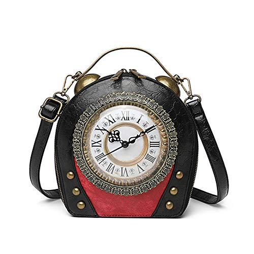 Echte Arbeitsuhr Handtaschen Antike Uhr Design Frauen Abend Cross Body Umhängetasche, Pu Leder Retro Vintage Steampunk Style Cross Body Umhängetasche für Frauen Mädchen (Black)