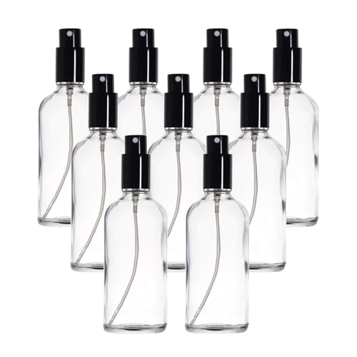 Yizhao 100 ml transparente Glas-Sprühflasche, leere feine Sprühflaschen mit Metallkappe für Reinigung, Aromatherapie, ätherisches Öl, Parfüm, Make-up, Kosmetik, Haare, Haustier, 9 Stück