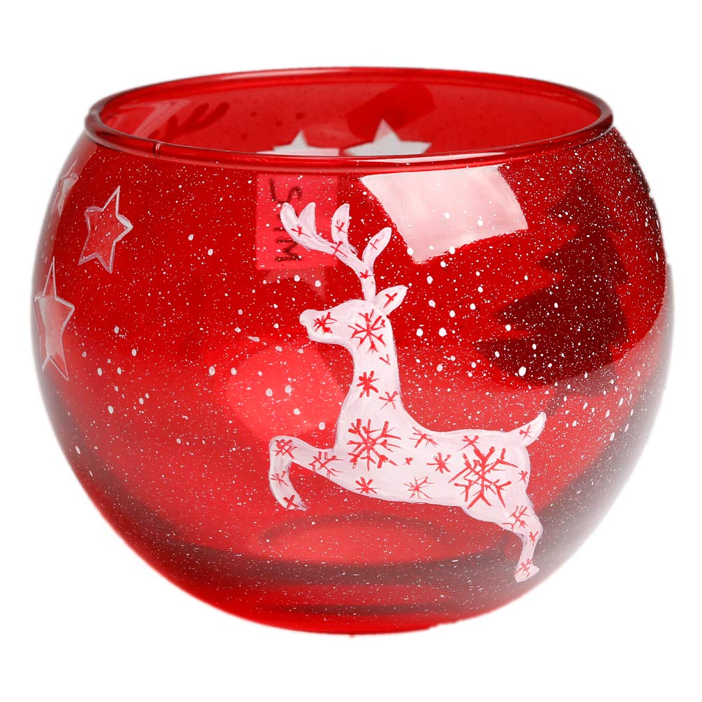 Vase Kugelvase Windlichthalter Glaskugel Leuchtkugel 15 cm handbemalt Motiv Hirsch rot inkl. Geschenkbox