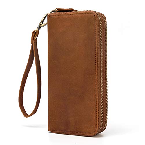 LUUFAN Echtes Leder Doppelreißverschluss Lange Brieftasche Große Kapazität Leder Clutch Wallets mit Handschlaufe (Braun 2)