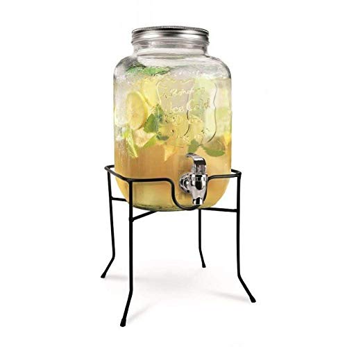Jocca - Getränkespender mit tropfsicheren Zapfhahn aus Edelstahl mit Bügeleisenhalter 4 Liter| Wasserspender aus Glas Deckel| Hitzebeständigen| Vintage Limonadenspender Gartenparty