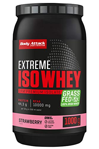 Body Attack Extreme Iso Whey, Whey Protein Pulver zum Muskelaufbau aus 100% irischer Weidemilch, fettarmes Eiweißpulver ohne Aspartam (Strawberry, 1 kg)