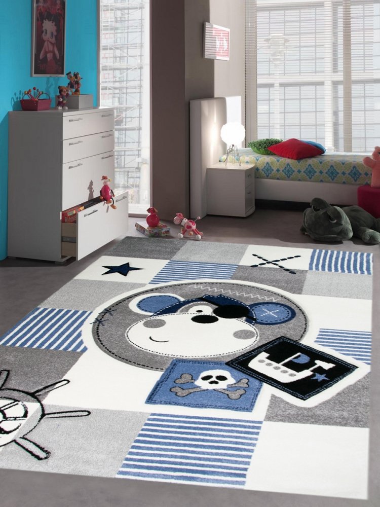 Kinderteppich Spielteppich Teppich Kinderzimmer Babyteppich Pirat Affe in Blau Größe 80x150 cm