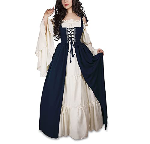Guiran Damen Mittelalterliche Kleid mit Trompetenärmel Mittelalter Party Kostüm Maxikleid Blau 5XL