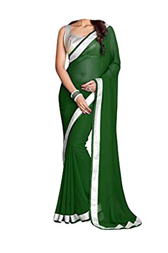 ABN Fashion Damen Faux Georgette Sari indisches ethnisches Kleid Hochzeit Sari mit ungenähter Bluse, Dunkelgrün und silberfarben, Einheitsgröße