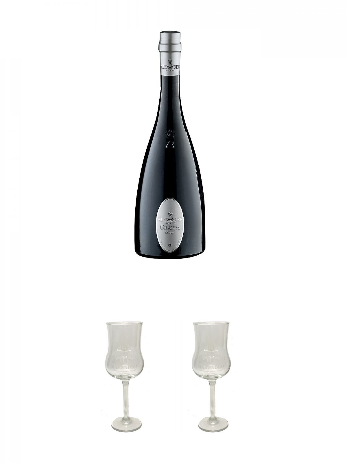 Alexander Bianca Grappa 0,7 Liter (dunkle Flasche) + Marzadro Grappa Gläser mit Eichstrich 2cl und 4cl 1 Stück + Marzadro Grappa Gläser mit Eichstrich 2cl und 4cl 1 Stück