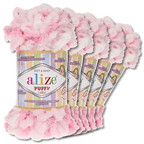 Wohnkult Alize 5x100 g Puffy Color Premium Wolle 26 Farbkombinationen Chenille Handarbeit Stricken und Häkeln ohne Hilfsmittel Smart Yarn (5863)