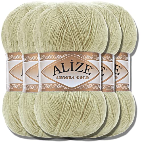 Alize 5x 100g Angora Gold Türkische Premium Wolle Baumwolle und Acryl Uni Handstrickgarne | Yarn | Garn | Strickgarn Babywolle Einfarbig Baby zum Häkeln Stricken Schals (Pastel Green |267)