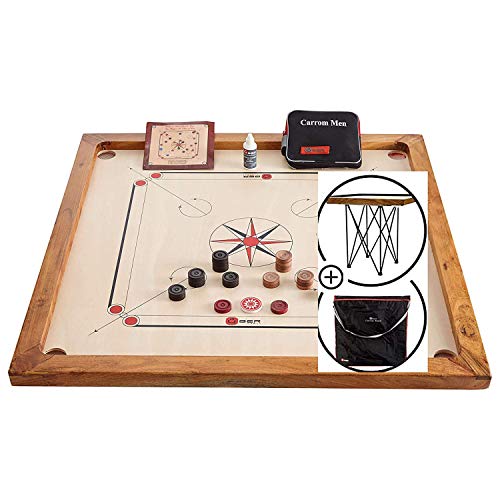 Carrom Board Set offizielle Größe 7 kg - 74cm x 74cm (offizielle Größe) interner Spielbereich - Hartholz Qualität - Komplettes Set mit Offiziellen Scheiben und Pulver (mit Tisch und Tasche)
