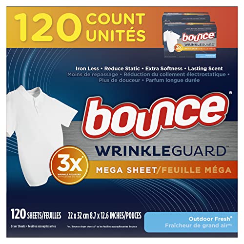 Bounce WrinkleGuard Mega Trocknerblätter, Weichspüler und Faltenlöser, frischer Duft, 120 Stück (2 Stück, je 60 Stück)