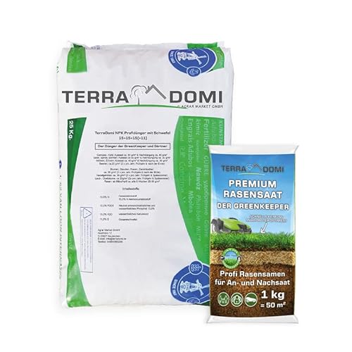TerraDomi 25kg Rasendünger NPK 15-15-15+11 + 1kg Premium Rasensamen |Volldünger, leistungsstarker Universaldünger für Frühjahr & Herbst | Langzeitwirkung | Rasensaat zur An-& Nachsaat