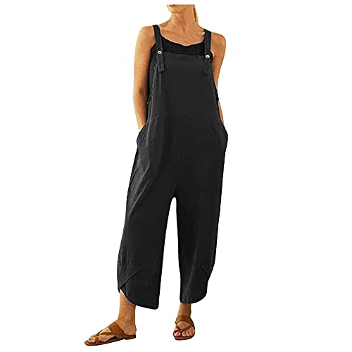 Kolylong®Jumpsuit Damen Elegant Sommer Lange Overalls Einfarbig Weite Bein Latzhose Ärmellos Sexy Einteiler Rompers Mit Taschen Playsuits Lässige Locker Baggy Hosen Loose fit Sommerhose