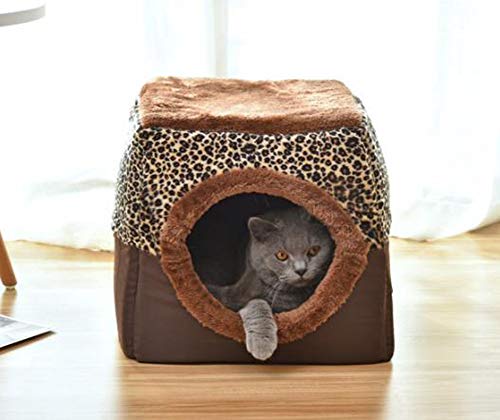 ANQI Haustierbett, Katzen- und Hundebett, Höhle, 5,1 cm, zusammenklappbares Katzenzelt-Haus, ultraweiches Bett, bequemes Bett für Katzen, Kaffee-Leoparden-Druck, L-38 x 38 x 34 cm