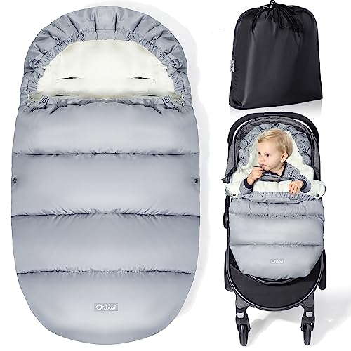 Orzbow Winter Fußsack für Kinderwagen,Sportwagen & Babyschale,mit Tasche,Große Kapuze,Warmes Polarfleece-Futter,Reißverschluss,Abnehmbar und Waschbar (Hellgrau)