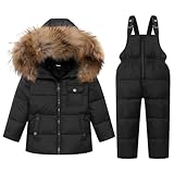 Kinder Daunenjacke Schneeanzug mit Künstliches Fell Kaputze Bekleidungsset Mädchen Jungen Verdickte Winterjacke + Skihose Daunenhose Kinderskianzug, Schwarz 3-4 Jahre