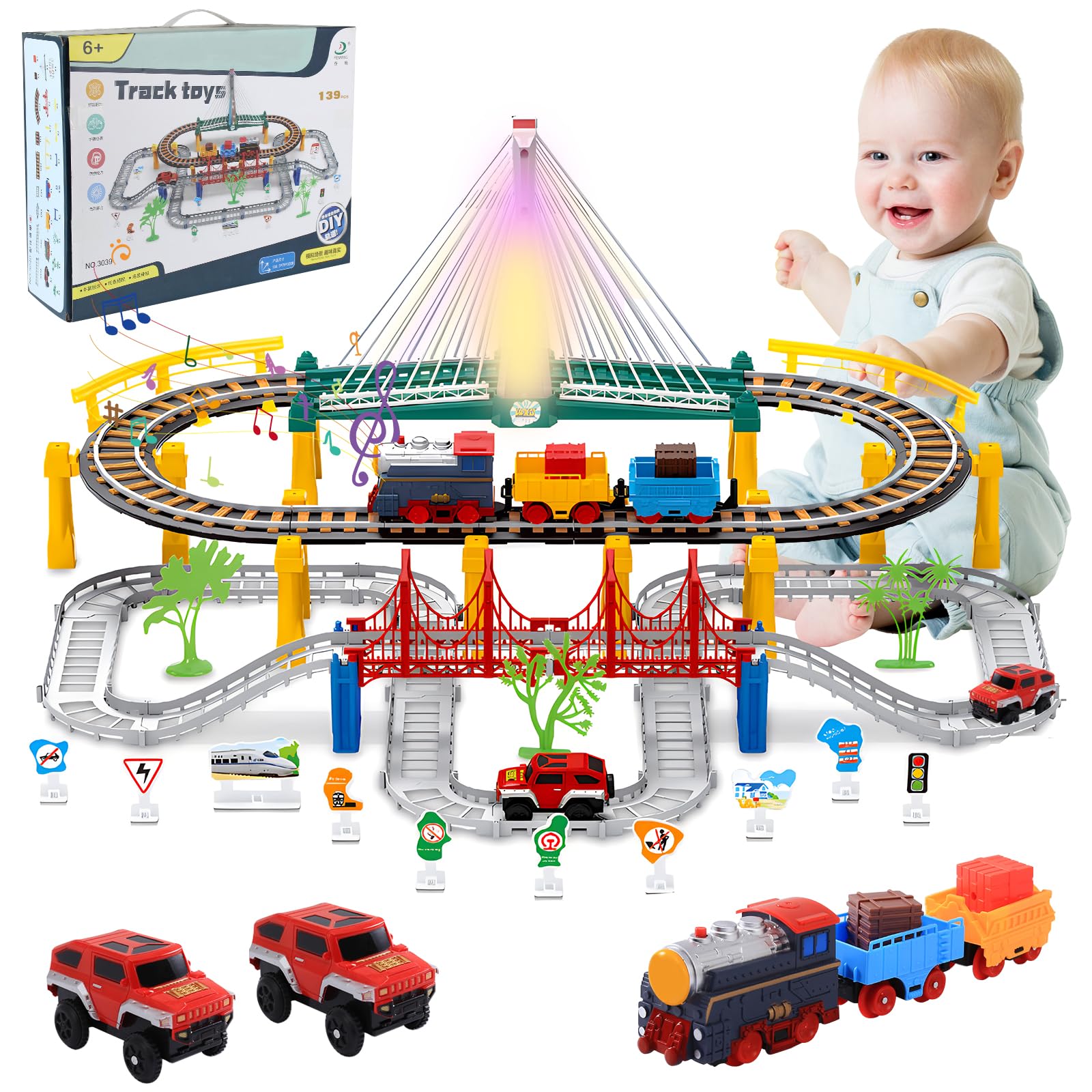 OBEST Gleisspielzeug für Kinder,Gleisbahnen für Elektroautos, Hochgeschwindigkeits-Mehrschichtschienensätze,Dampfzüge Mit Ton,Geschenke für Jungen und Mädchen