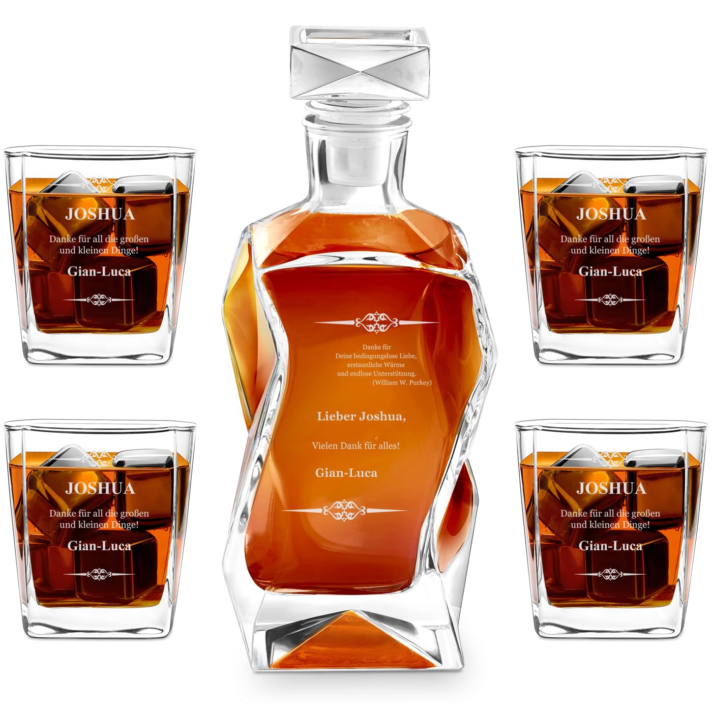 Maverton Whiskey Karaffe + 2/4 / 6er Whiskygläser Set mit Gravur - 700ml Whisky Dekanter - Geschenk zum Geburtstag für Männer - Danksagung