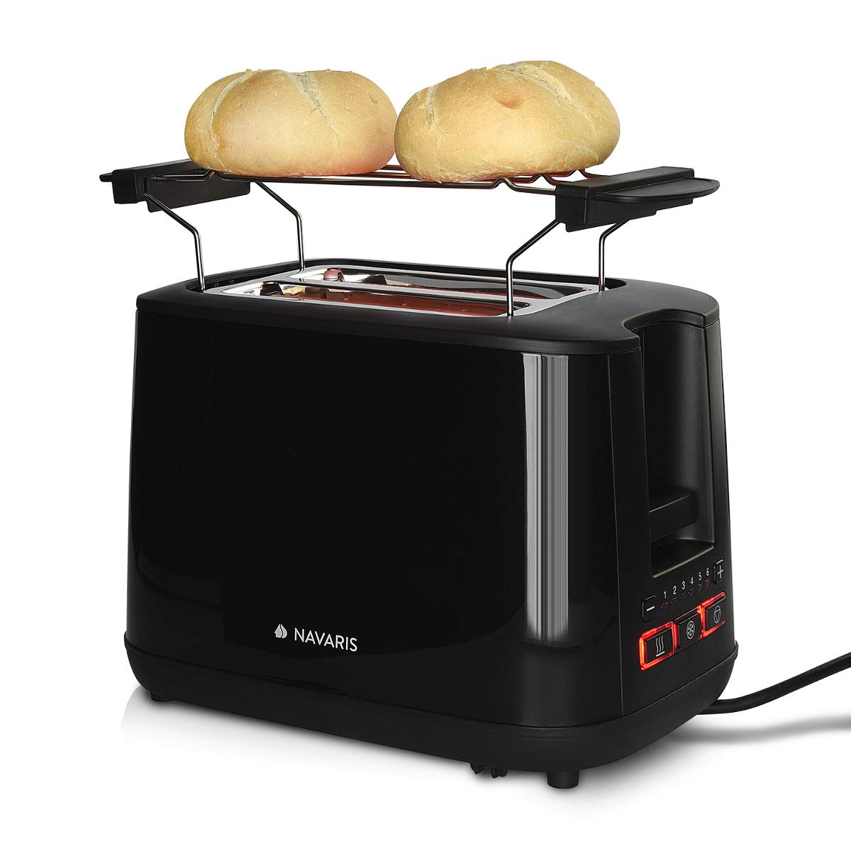 Navaris Doppelschlitz Toaster mit Brötchenaufsatz - 2 extragroße Toast Schlitze - 6 Stufen - automatische Brotzentrierung - 1000W - Schwarz