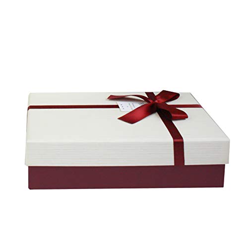 Emartbuy Starre Geschenkbox, 33,5 x 25 x 11,5 cm, Burgunderrot mit cremefarbenem Deckel, Satinband und 100 g geschreddertem Papier in Creme