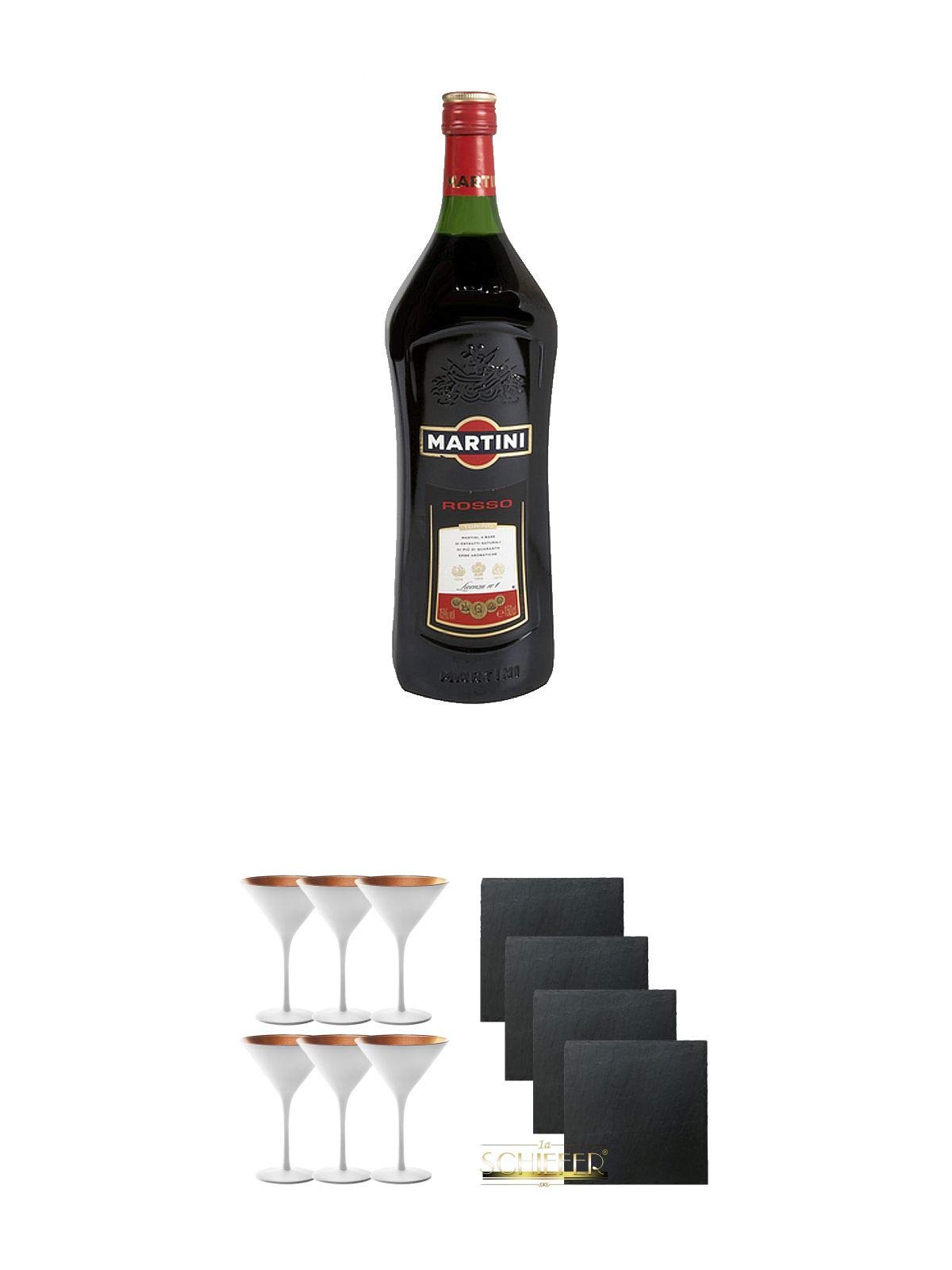 Martini Rosso Vermouth 1,5 Liter + Stölzle Cocktail-und Martiniglas Olympic Serie 6 Gläser - 1408825 + Schiefer Glasuntersetzer quadratisch 4 x ca. 9,5 cm Durchmesser