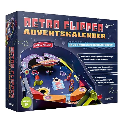 FRANZIS 67210 - Retro Flipper Adventskalender, In 24 Tagen zum eigenen, voll funktionsfähigen Flipper-Automaten, plastikfrei, für Kinder ab 8 Jahren