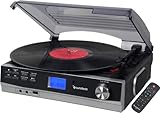 SUNSTECH PXR23 Vinyl-Plattenspieler, Vinyl-Player und Musik-Player mit Bluetooth, USB und FM-Radio-Tuner, 2 eingebaute Lautsprecher (10 W), Schwarz
