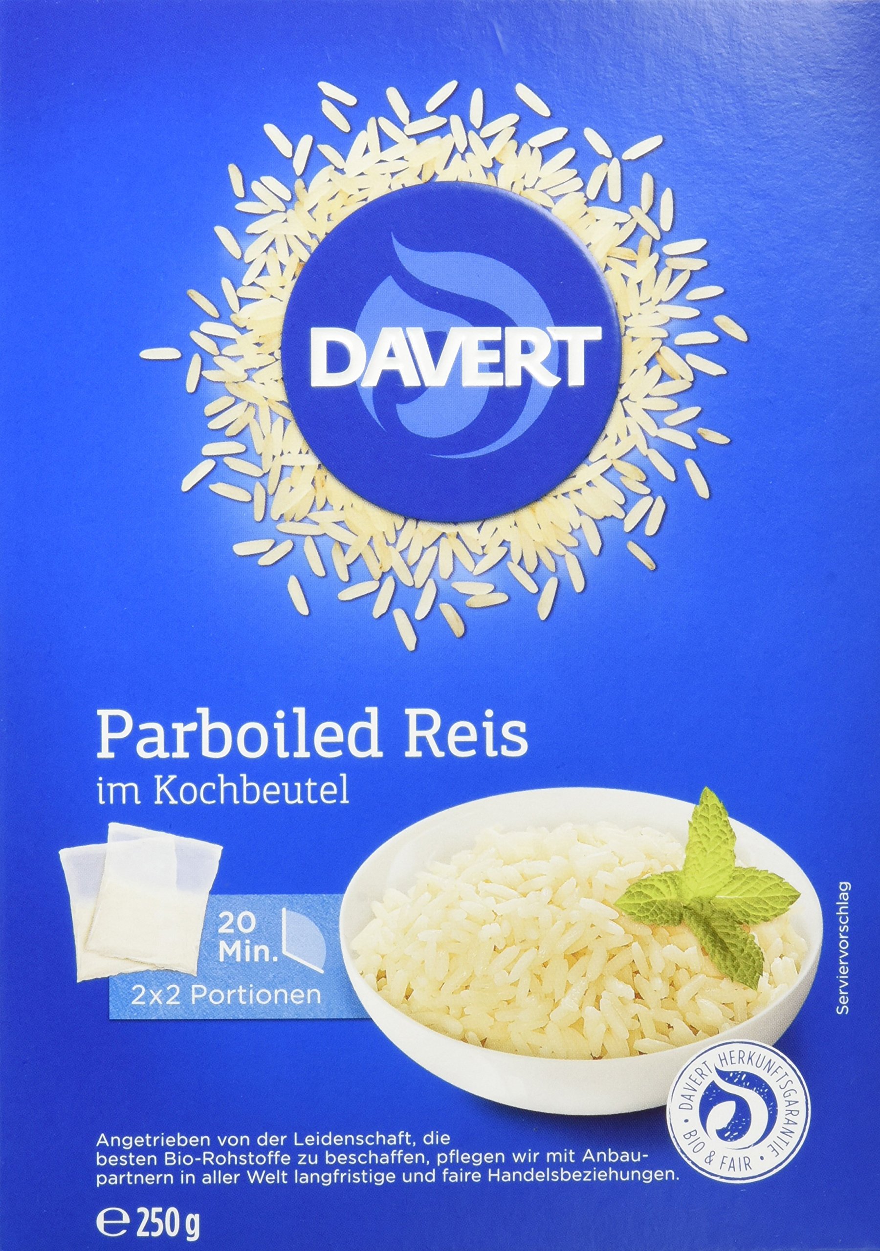 Davert Parboiled Reis im Kochbeutel, 6er Pack (6 x 250 g) - Bio