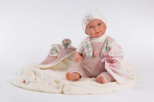 Llorens 1074080 Puppenmädchen Mimi mit blauen Augen und weichem Körper, Babypuppe im rosa Strampler, inklusive Decke, Schnuller und Schnullerkette, 42 cm