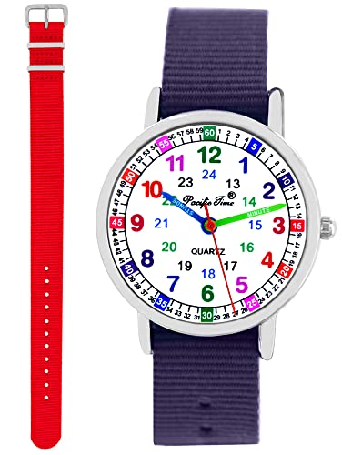 Pacific Time Kinder Armbanduhr Mädchen Jungen Lernuhr Kinderuhr Set 2 Textil Armband violett + rot analog Quarz 11139