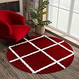 SANAT Madrid Shaggy Teppich Rund - Hochflor Teppiche für Wohnzimmer, Schlafzimmer, Küche - Rot, Größe: 150 cm