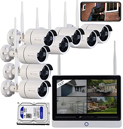 VisorTech IP-Kamera Outdoor Set: Funk-Überwachungssystem mit Display-HDD-Rekorder und 8 IP-Kameras +HDD (Outdoor-Überwachungskamera-Sets)