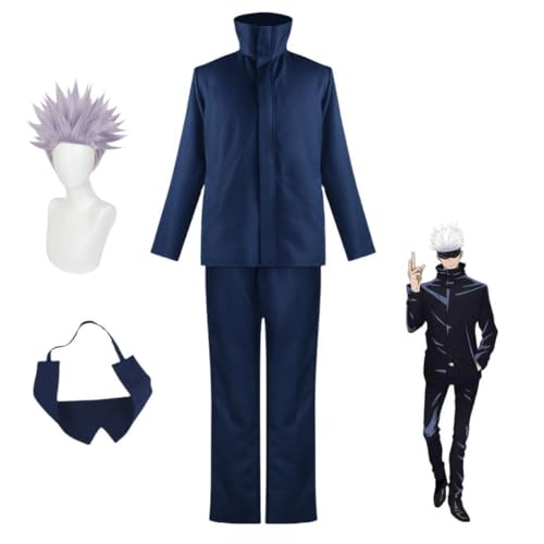 Anime Jujutsu Kaisen Satoru Gojo Cosplay Kostüm Uniform Outfit Halloween Party Anzug Mit Perücke (Blue,XL)