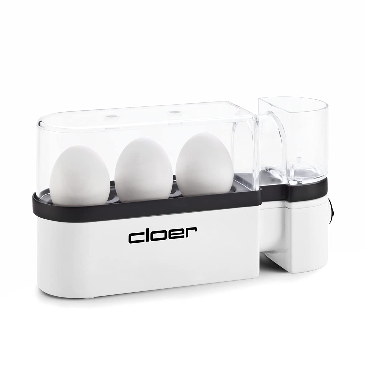 Cloer 6021 Eierkocher, bis zu 3 Eier, herausnehmbarer Eierträger, Servierfunktion, 300 Watt, Kunststoff, Weiß