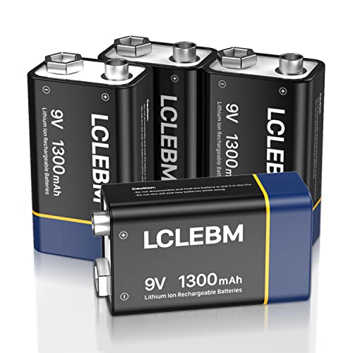 LCLEBM 9V Akku, 1300mAh 9V Block Lithium Akkus, USB-C Ladegerät mit 2-in-1 Ladekabel für Alarme, Drahtlose Mikrofone, Rauchmelder, Spielzeug, Taschenlampen - 4PCS