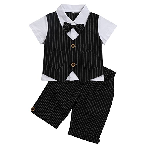 G-Kids  Baby Jungen 2-teiliges Strampler Smoking Gentleman Anzug Kurzarm Streifen Outfits Sommer Kleidung Jumpsuit Spielanzug Taufkleidung mit Fliege (Schwarz, 80/12-18 Monate)