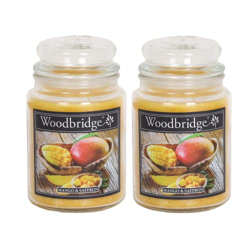 Woodbridge Duftkerze im Glas mit Deckel | 2er Set Mango Saffron | Duftkerze Fruchtig | Kerzen Lange Brenndauer (130h) | Duftkerze groß | Kerzen Gelb (565g)