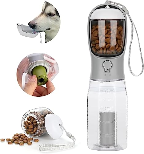 ERKIES Hundewasserflasche, Multifunktionale tragbare Hundewasserflasche, mit 100g Hundefutterbecher und Kotbeutel, für Haustiere beim Wandern (300ml, Grau)